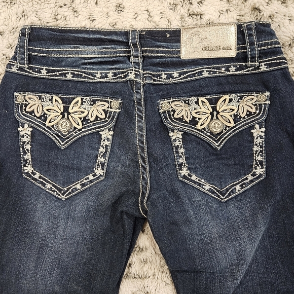 Grace SZ 27 Y2K Med Wash Low Rise Embellished Boot Cut Biker Rodeo Denim Jeans - Picture 1 of 11